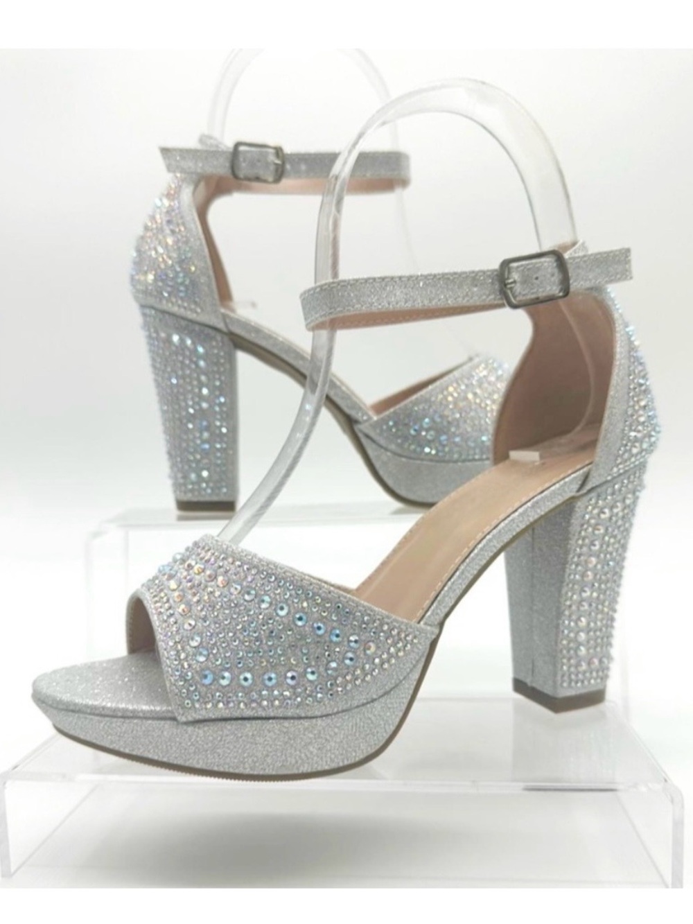 SMARTTY Silver with iridescent Rhinestones, Platform Heels Peep Toe Ankle Strap